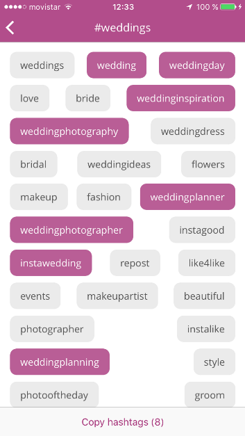 Screenshot of Grama app for finding hashtags on Instagram. 